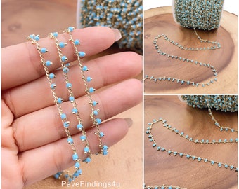 White Light Blue Beaded Chain, Brass Beaded Chain, 2mm Chain with Glass Seed Beads, Necklace Chain Components, Unfinished Chain, CH130