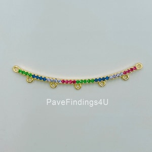 5 Hole Multi Strand Connector, Colorful Rainbow CZ Bracelet Connector, 18K Gold Curved Bracelet Charm Connector Bar, 55x2mm, CN409