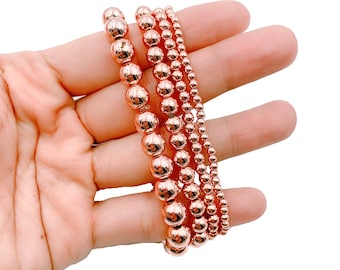Rose Gold Beaded Bracelet High-quality Rose Gold Bead Stretch Bracelet, Rose Gold Ball Bracelet 3/4/6/8mm BR010