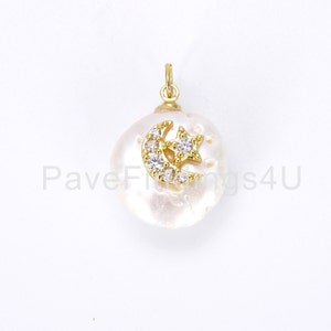 Freshwater Pearl Crescent Moon and Star 18K Gold CZ Micro Pave Charm Pendant, Star & Moon Pearl Charm, 21x14mm, CP722