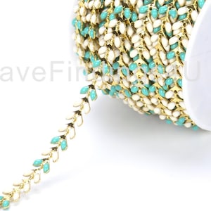 14K Gold Feather Chain, Multi Color Leaf Shape Beaded Chain, Chevron Fishbone Chain, Enamel Beaded Chain, 4x6mm, CH035