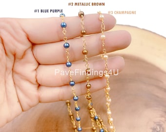 Shell Pearl Beaded Chain by Foot, Wholesale Bulk Roll Beaded Chain in 18K Gold for Necklace Bracelet Jewelry Making, CH204