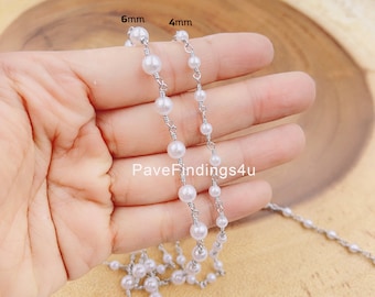 Catena per rosario in argento con perle bianche - Elegante collana con perline perfetta per progetti di gioielli fai da te e ordini all'ingrosso, CH155