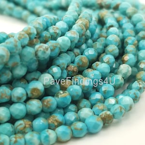 Faceted Turquoise 2mm and 3mm Natural Round Beads Real Genuine Natural Blue Green Turquoise Micro Faceted Cut PRP338