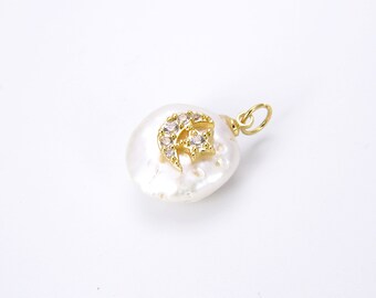 淡水真珠三日月と星 18K ゴールド CZ マイクロパヴェ チャーム
