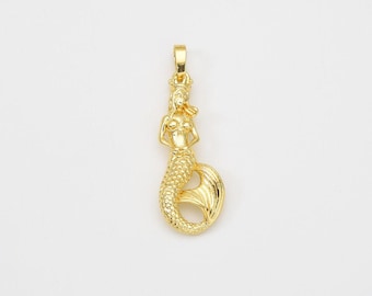 Dainty Mermaid Charm, Gold Filled Ocean Sea Mermaid Textured Pendant for DIY Necklace Bracelet Jewelry Making Supply, 37x12mm, CP2046