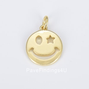 Gold Filled Happy Face Charm, Gold Emoji Charm Star Smile Charm Pendant, Emoji Face Charms for Necklace Earring Bracelet Supply, CP1423