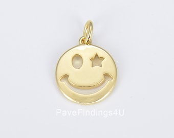 Złoty wypełniony szczęśliwym uśmiechem, złoty urok emoji gwiazda uśmiech wisiorek, urok emoji twarz do naszyjnika kolczyki bransoletka dostawa, CP1423