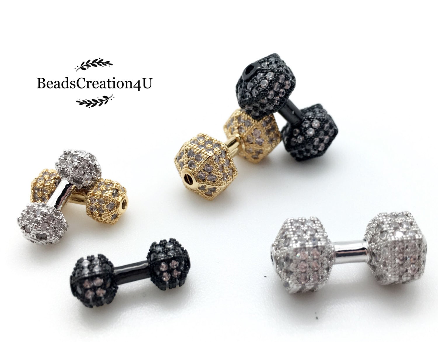Perle d'haltère en or 18 carats, perles de jonction pour haltères de fitness cz micro-pavé, haltères de fitness, breloque haltère, bracelet haltères,
