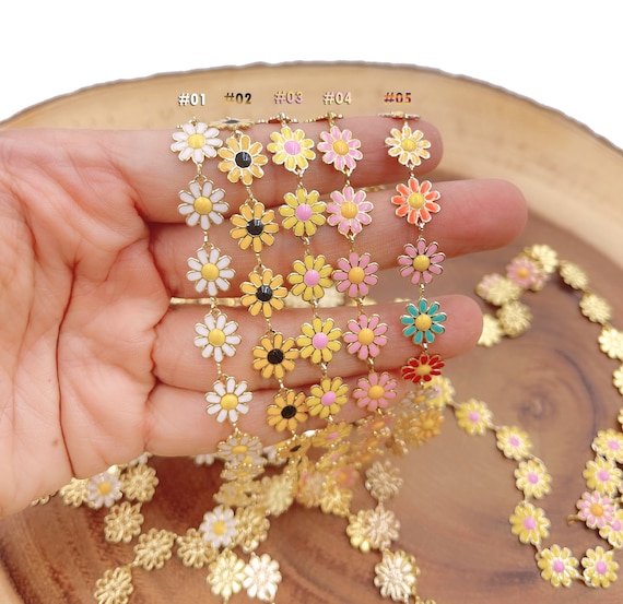 Daisy Flower Enamel Chain by Yard, Gold Filled 10mm Flower