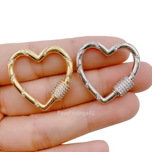14K Gold Heart Carabiner Clasp, Gold CZ Screw Clasp Micro Pave Heart with Screw On Mechanism, Carabiner Clasp, 30x30mm, CL446