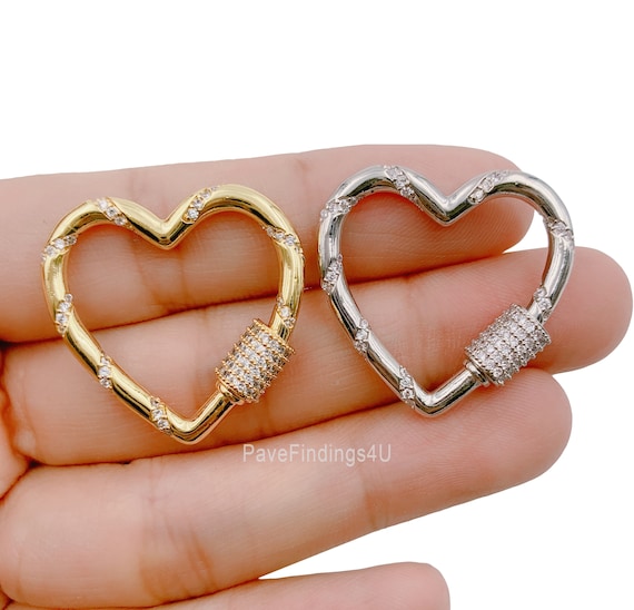 14K Gold Heart Carabiner Clasp, Gold CZ Screw Clasp Micro Pave