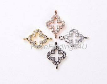 Mini conector de trébol de cuatro hojas, dije de eslabón de trébol de circonita cúbica micro pavé, eslabón de trébol de cuatro hojas dorado, plateado, negro o oro rosa, regalo, 8 x 12 mm/CN009