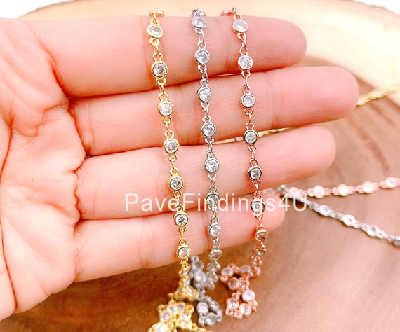 18k Gold Chain Round CZ Chain by Foot 