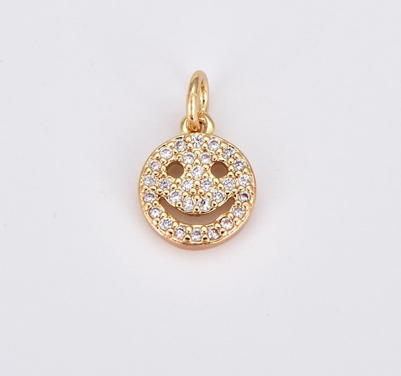 Dainty Gold Filled Smile Face Happy Face Coin Charm, CZ Micro Pave