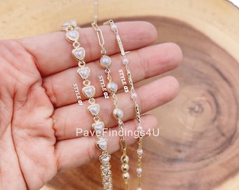 Heart Pearl Chain by Foot, Gold Filled Pearl Chain by Foot, White Pearl Wholesale Bulk Roll Chain for Jewelry Making, CH296