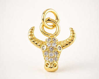 Gold Filled Bull Head Charm, Rhinestone Cow Skull Pendant, Western Cowboy Jewelry Making Charm, Statement Necklace Charm, CP2107