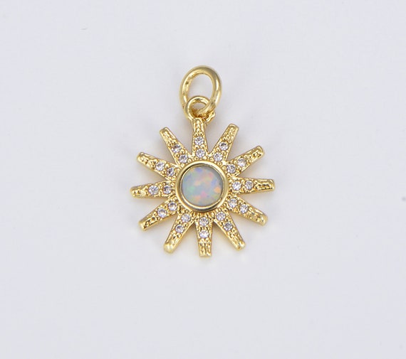 Ciondolo a forma di raggio di sole arcobaleno in oro 14K per collana, ciondolo con zirconi cubici multicolore, ciondolo con micro pavé arcobaleno, gioielli in oro con sole che sorge, 24 x