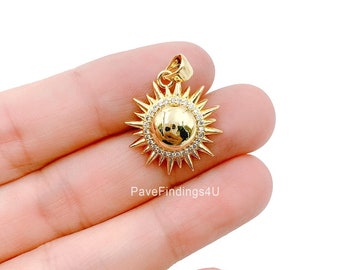 Colgante de sol con micro pavé de circonitas cúbicas en oro de 18 quilates, dije de sol, colgante de sol, collar de sol, oro sobre latón, circonita cúbica, 19 mm, CP1056