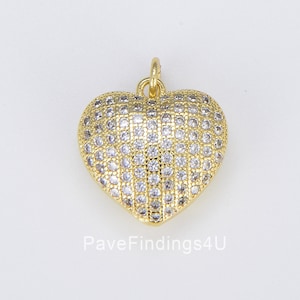 Dainty 18K Gold Puffed Heart Charm Dangling Pendant w/ Cubic Zircon for Layer Necklace Valentine Gift for Jewelry Making, CP1321