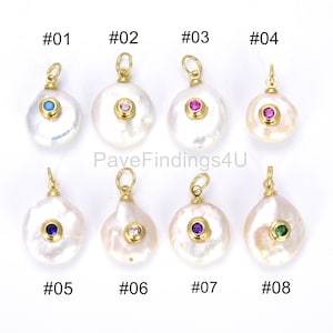 Ciondolo a forma rotonda con perla d'acqua dolce in oro 14K, trasparente CZ, fascino del malocchio, malocchio dorato, pendente del malocchio, creazione di gioielli 21x13mm, CP543
