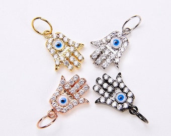 Hamsa Hand Charm, 24K Gold Micro Pave Hamsa Hand Evil Eye Charm, Cubic Zirconia, Hamsa Hand, Black Gunmetal Evil Eye Charm,15x9mm, CP059