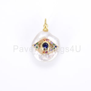 Ciondolo malocchio di perle d'acqua dolce, ciondolo malocchio multiplo CZ in oro 18 carati, collana malocchio, malocchio, 22x14mm, CP715