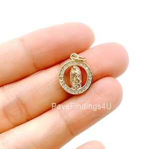 24k Gold CZ Virgin Mary Pendant, Lady Guadalupe Cubic Zirconia Charm, Mother of God Medallion, Rosary Charm for Necklace, CP1034
