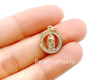Colgante de oro de 24 k con circonita cúbica de la Virgen María, dije de circonita cúbica de la Virgen de Guadalupe, medallón de la Madre de Dios, dije de rosario para collar, CP1034