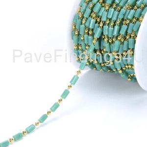 Green Turquoise Tube Beaded Rectangle Shape Rosary Chain, 14K Gold , Gold Wire Wrapped Cylinder Bead Link Chain 3x5mm, CH019