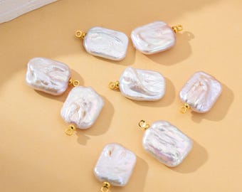 Natural Freshwater Pearl Charm, Gold Filled Rectangle Pearl Pendant, White Genuine Luster Square Baroque Freeform Pearl Charm Pendant CP2190