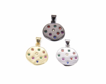 ゴールド ディスク チャーム ペンダント CZ、ディスク ネックレス、14K