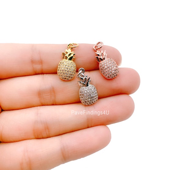 18K Gold Small Pineapple Charm, CZ Micro Pave Pineapple Pendant