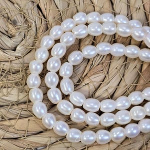 White 6-7mm Rice Fresh water Pearl Gemstone beads. Full 7.5” strand of rice shaped pearls Large Hole Pearl Beads FWP041