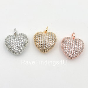 Dainty 18K Gold Heart Charm Dangling Pendant w/ Cubic Zircon for Layer Necklace Valentine Gift for Jewelry Making, 15mm, CP1321