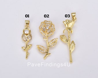 Dainty Rose Pearl Charm, Gold Filled Rose Flower Pendant, CZ Flower Charm for Bracelet Necklace Jewelry Making Component, CP_Batch74