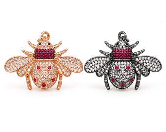 CZ Bee Charm, Rhinestone Honeybee Pendant with Pink Red Gemstones, Rose Gold or Black Finish Insect Jewelry Charm, Necklace Bracelet, CP147