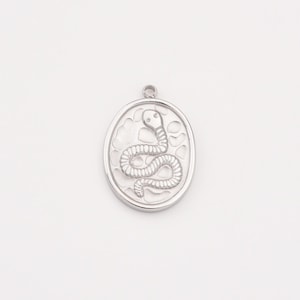 May include: Silver oval pendant with a detailed snake design. The snake is coiled within a decorative frame, and the pendant has a small loop at the top for attaching to a chain or cord. The pendant is set against a white background.