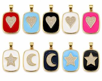 Gold Filled Enamel Pendant Charms, CZ Heart Star Moon Charms, Jewelry Making Supplies, DIY Necklace Charm, Lot046