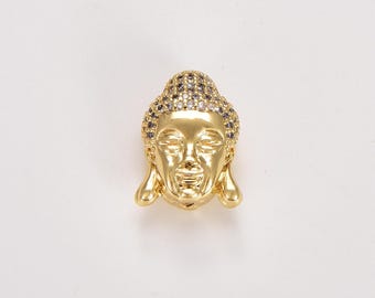 18K Gold Buddha Head Beads Micro Pave Cubic Zirconia Charm Buddha Head Space Beads Buddha Bracelet 11mm BD064
