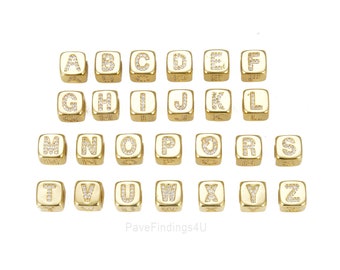 Gold Initial Letter Beads, Alphabet Beads, Gold Filled Over Brass Alphabet Blocks Micro Pave Initial Block Charm for Bracelet Necklace BD954
