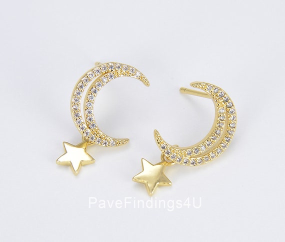 18K Gold Crescent Moon Star Stud Earrings for Women