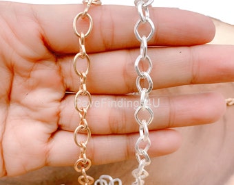 Brush Gold Rolo Cable Chain by Foot, Matte Gold Silver Cable Rolo Chain by Foot, Wholesale bulk Roll Chain for Jewelry Making, 9x7mm, CH150