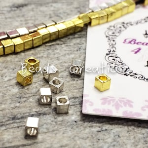 Lot x 10 -3mm German Silver beads, cube gold/ silver spacer beads findings, metal silver beads, gold plated beads, 8&quot; Strand
