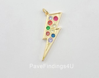 18K Gold Dainty Lightning Charm w/ Rainbow Micro Pave Cubic Stone Charm Thunder Charm Bolt Lightning Charm, 32x11mm, CP1364