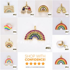 May include: Assortment of 11 gold rainbow charm pendants with various designs, including a rainbow with a sun, a rainbow with clouds, and a rainbow with a pearl. The charms are perfect for jewelry making and crafting.