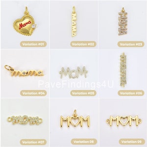 May include: Nine variations of gold-tone charms with the words "Mama", "MAMA", "MOM", and "meme" adorned with sparkling clear rhinestones. The charms are perfect for adding a personal touch to jewelry.