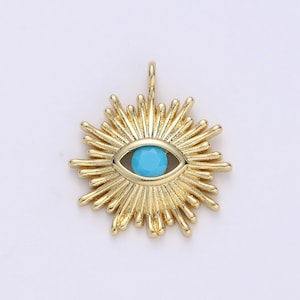 18K Gold Sun Charm, Evil Eye Pendant, Sun Ray Charm, Sunburst Charm, Turquoise Evil eye Sun Pendant, Sunshine Charm Jewelry CP1107