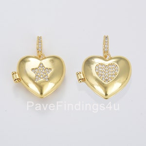 Dainty Puff Heart Locket Charm, Gold Filled Locket Heart with Star CZ Pendant, Love Inspired Gold Heart, Couples Photo Locket, CP1666