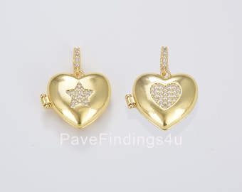 Dainty Puff Heart Locket Charm, Gold Filled Locket Heart with Star CZ Pendant, Love Inspired Gold Heart, Couples Photo Locket, CP1666